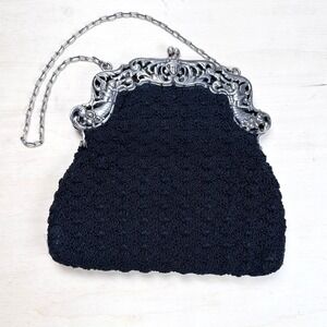 Sterling Silver Cherub Frame Black Crochet Purse Vintage Ornate Angels 7" 925